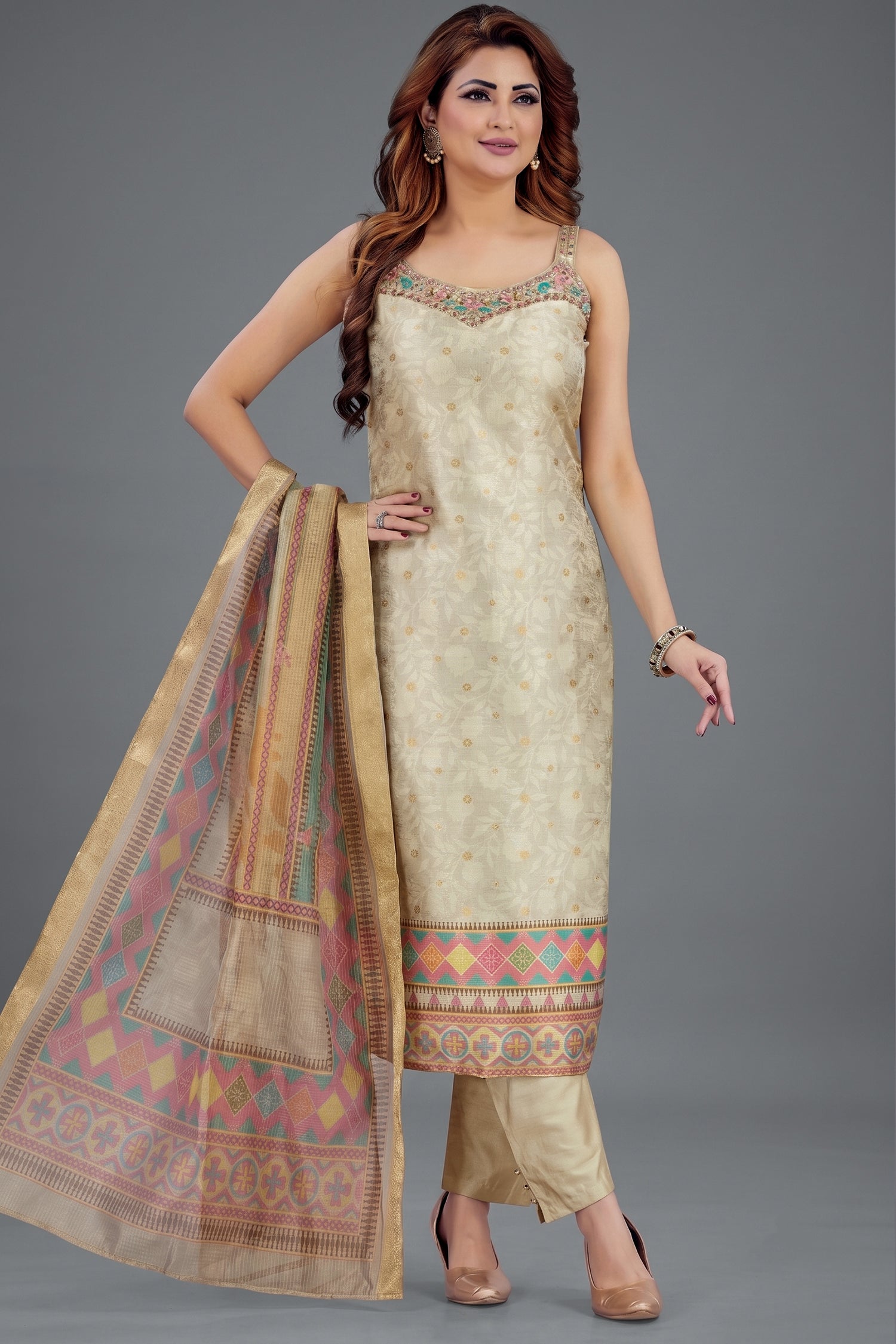 Beige Jacquard Printed Straight Cut Kurti Set Main image