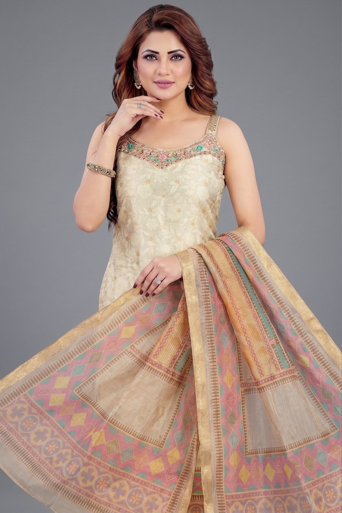 Beige Jacquard Printed Straight Cut Kurti Set
