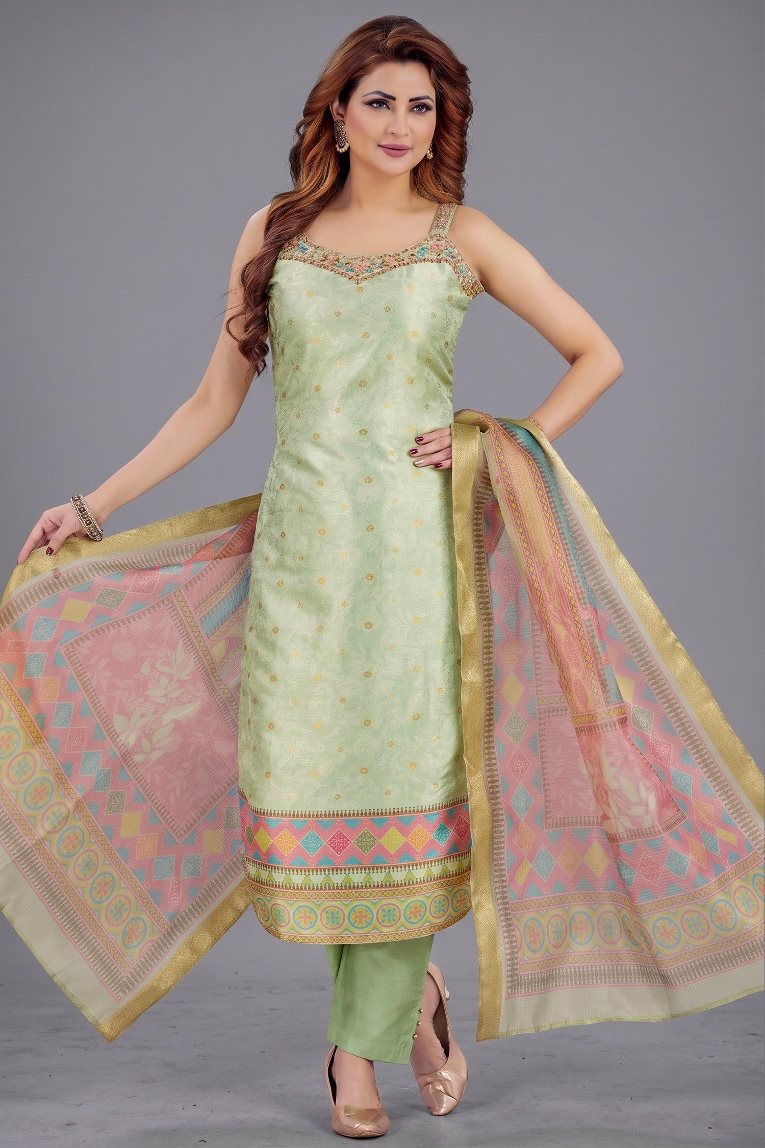 Light Green Jacquard Printed Straight Cut Kurti Set Main image