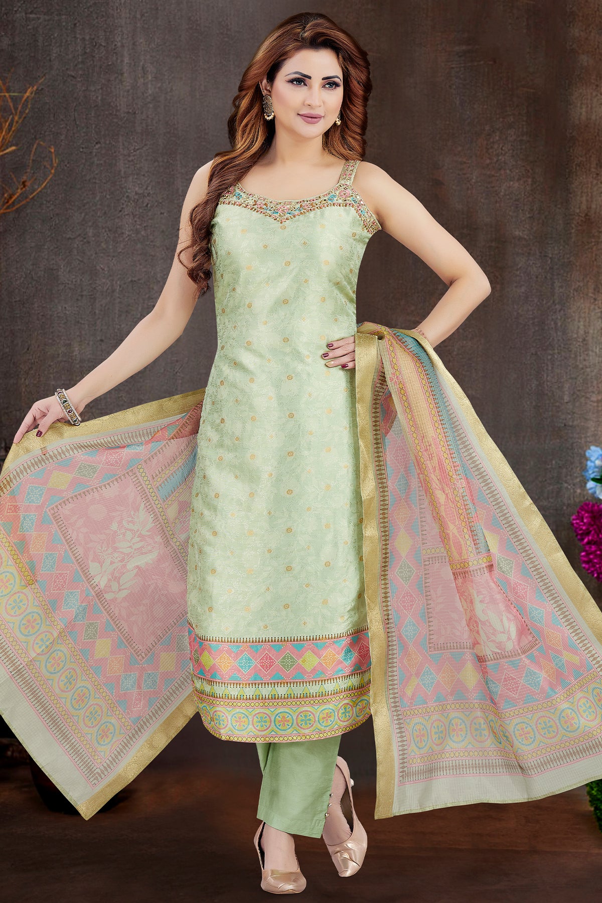 Light Green Jacquard Printed Straight Cut Kurti Set