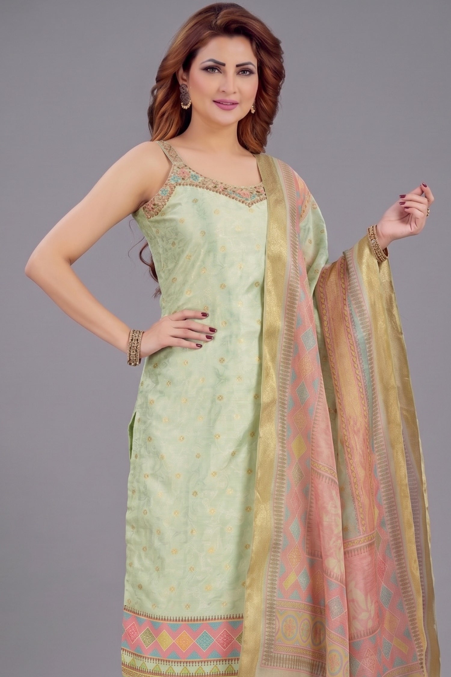 Light Green Jacquard Printed Straight Cut Kurti Set Secondary image