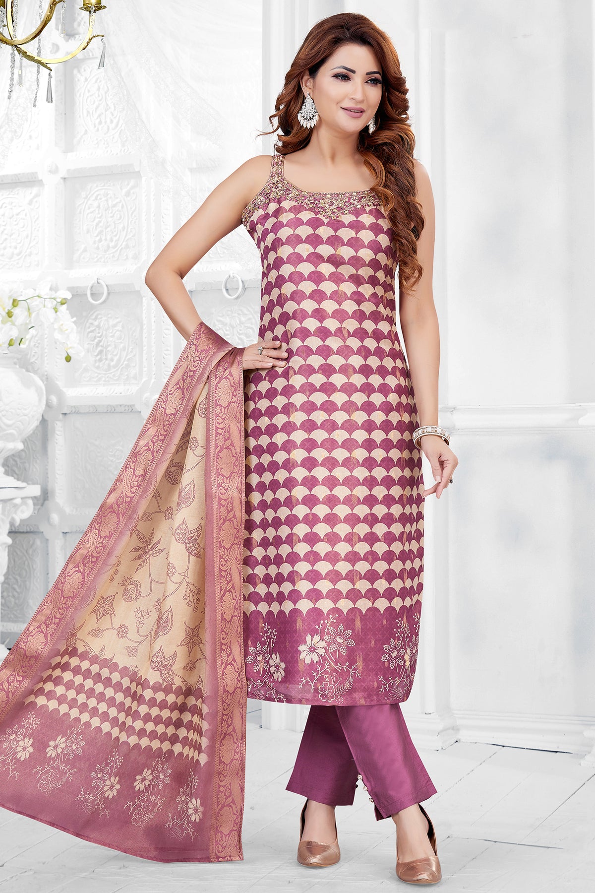 Magenta Tissue Scallop Printed Straight Cut Kurti Set