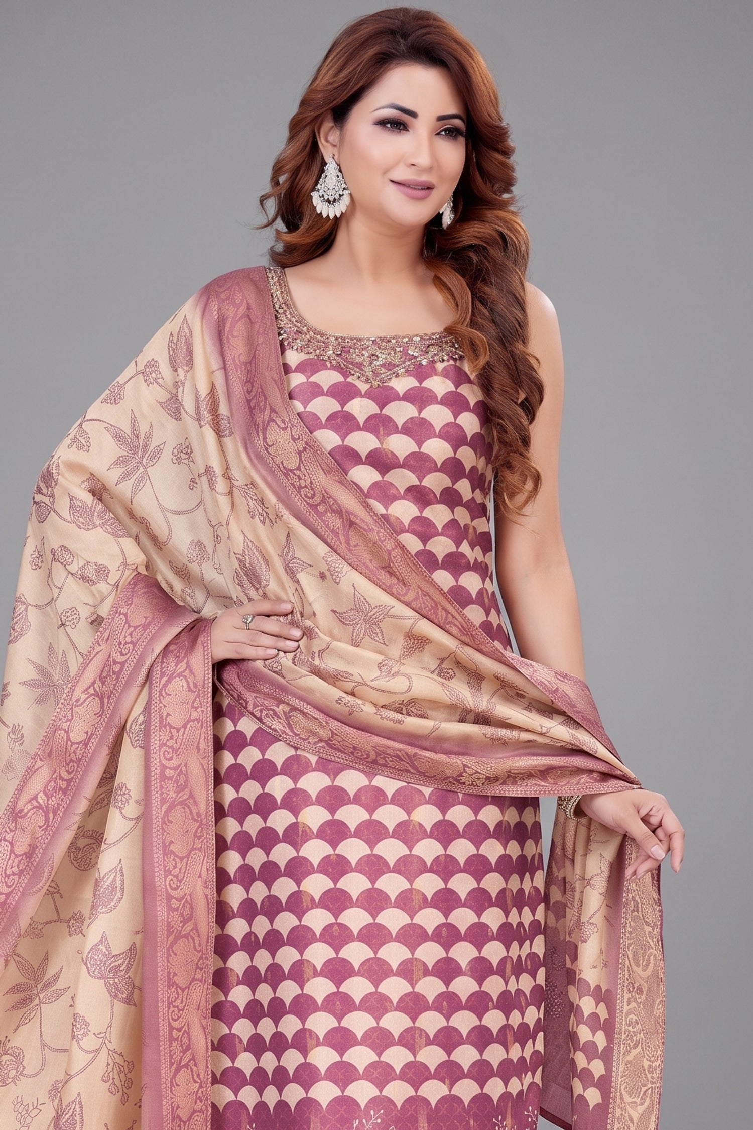 Magenta Tissue Scallop Printed Straight Cut Kurti Set Secondary image