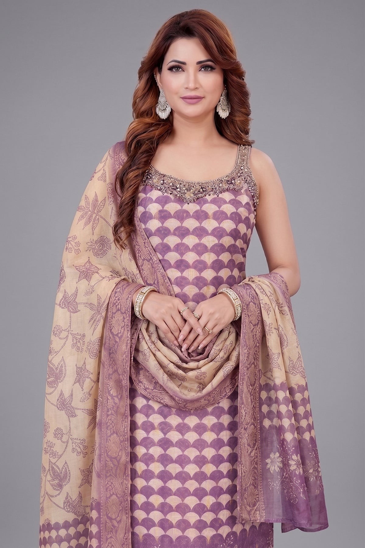Lilac Tissue Scallop Printed Straight Cut Kurti Set