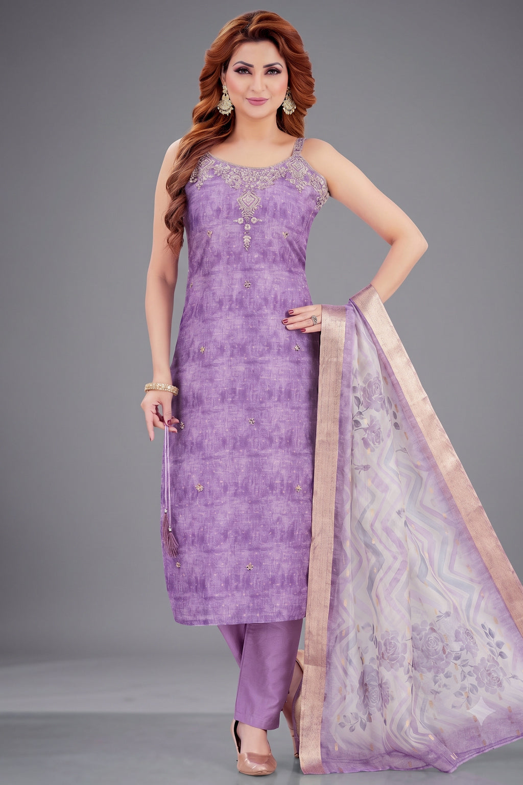 Lilac Art Silk Mirror Embroidered Straight Cut Kurti Set