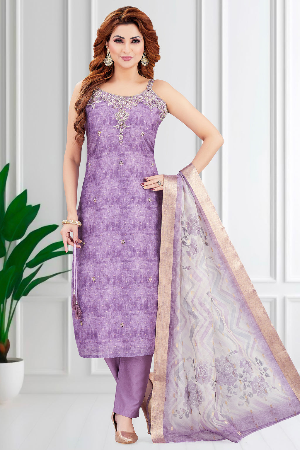 Lilac Art Silk Mirror Embroidered Straight Cut Kurti Set