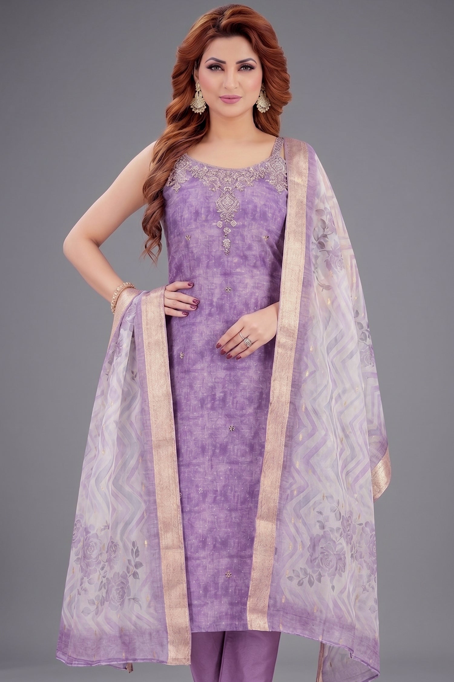 Lilac Art Silk Mirror Embroidered Straight Cut Kurti Set