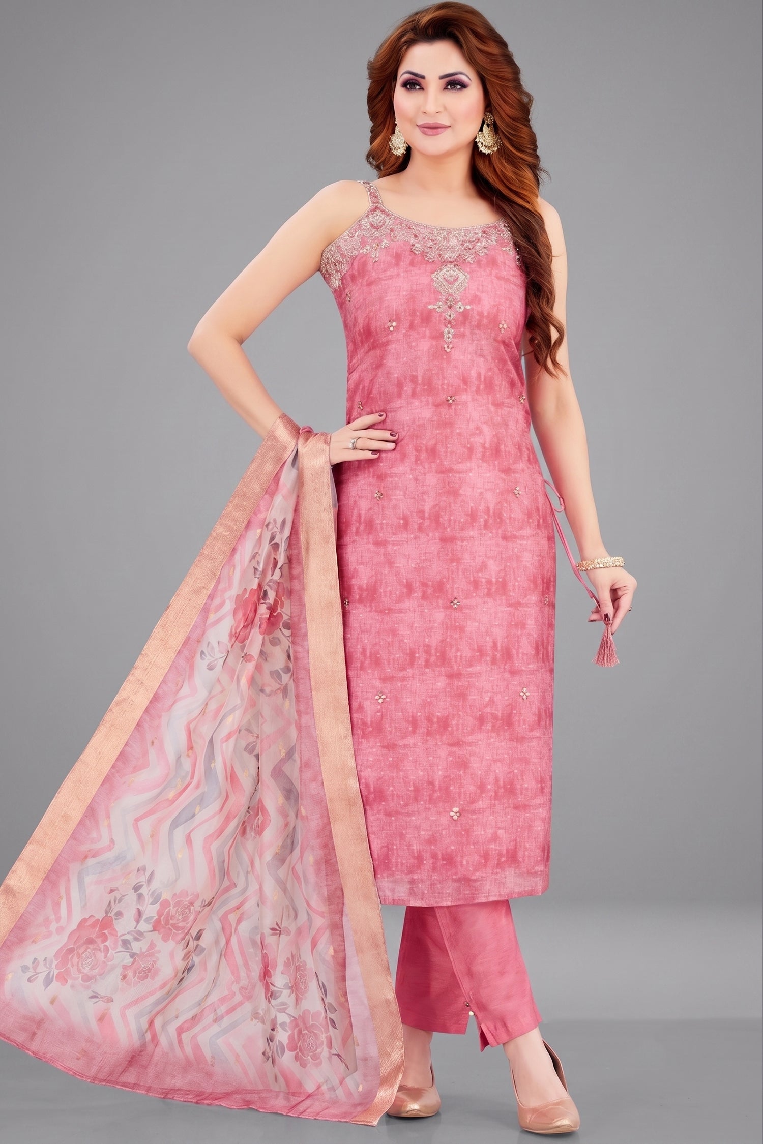 Pink Art Silk Mirror Embroidered Straight Cut Kurti Set Main image