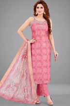 Pink Art Silk Mirror Embroidered Straight Cut Kurti Set