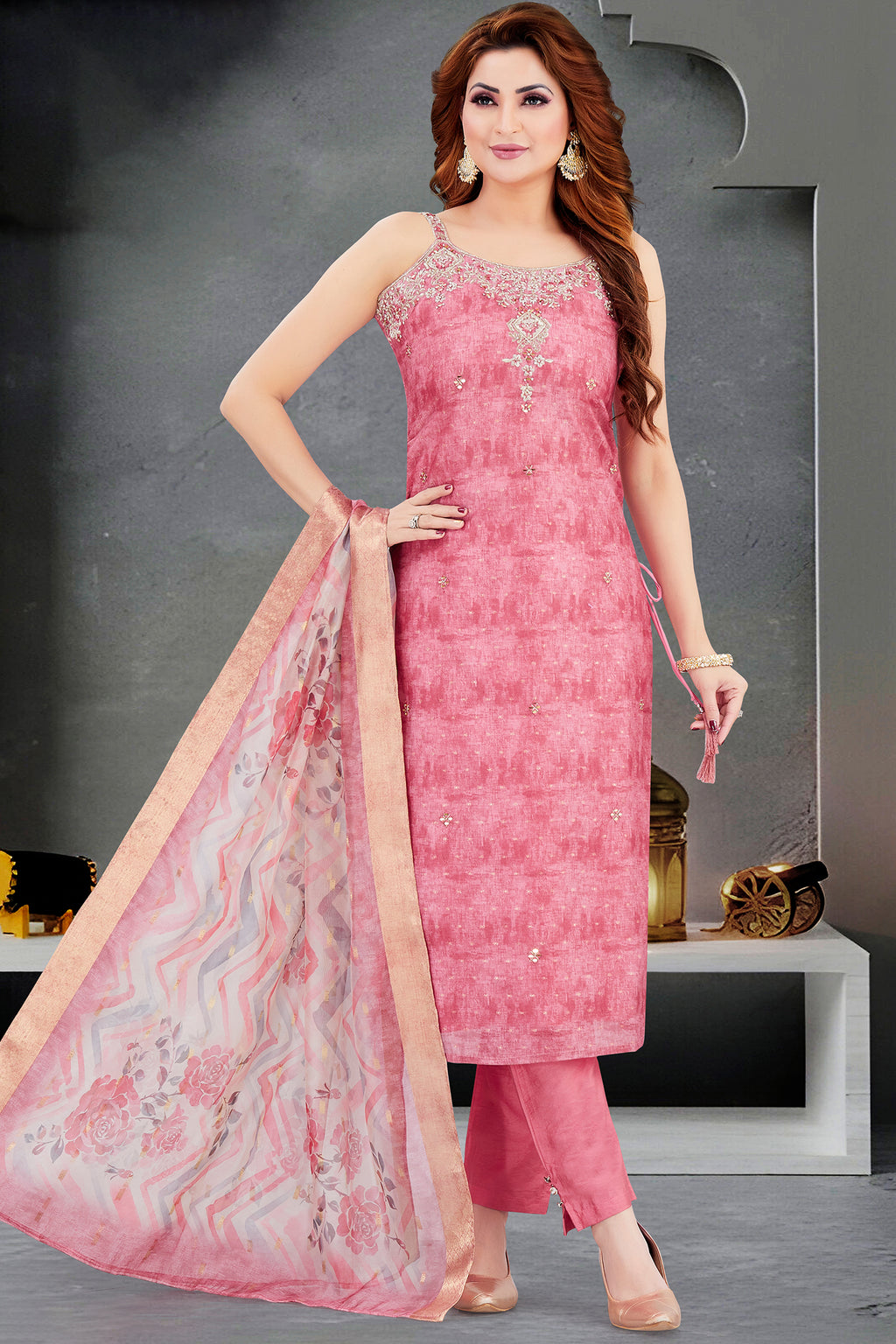 Pink Art Silk Mirror Embroidered Straight Cut Kurti Set