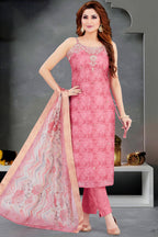Pink Art Silk Mirror Embroidered Straight Cut Kurti Set