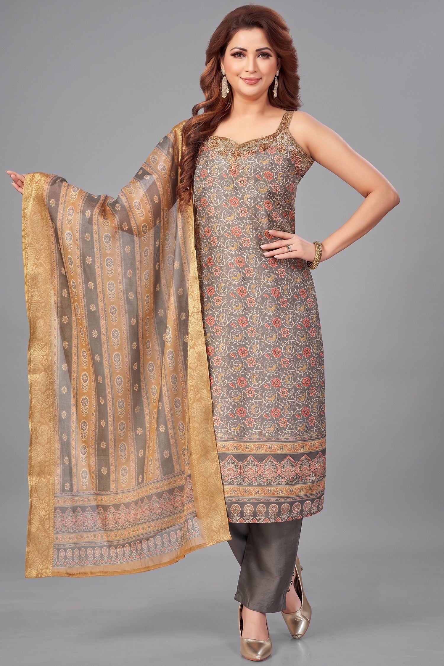 Grey Chanderi Cotton Printed Straight Cut Kurti Set Main image
