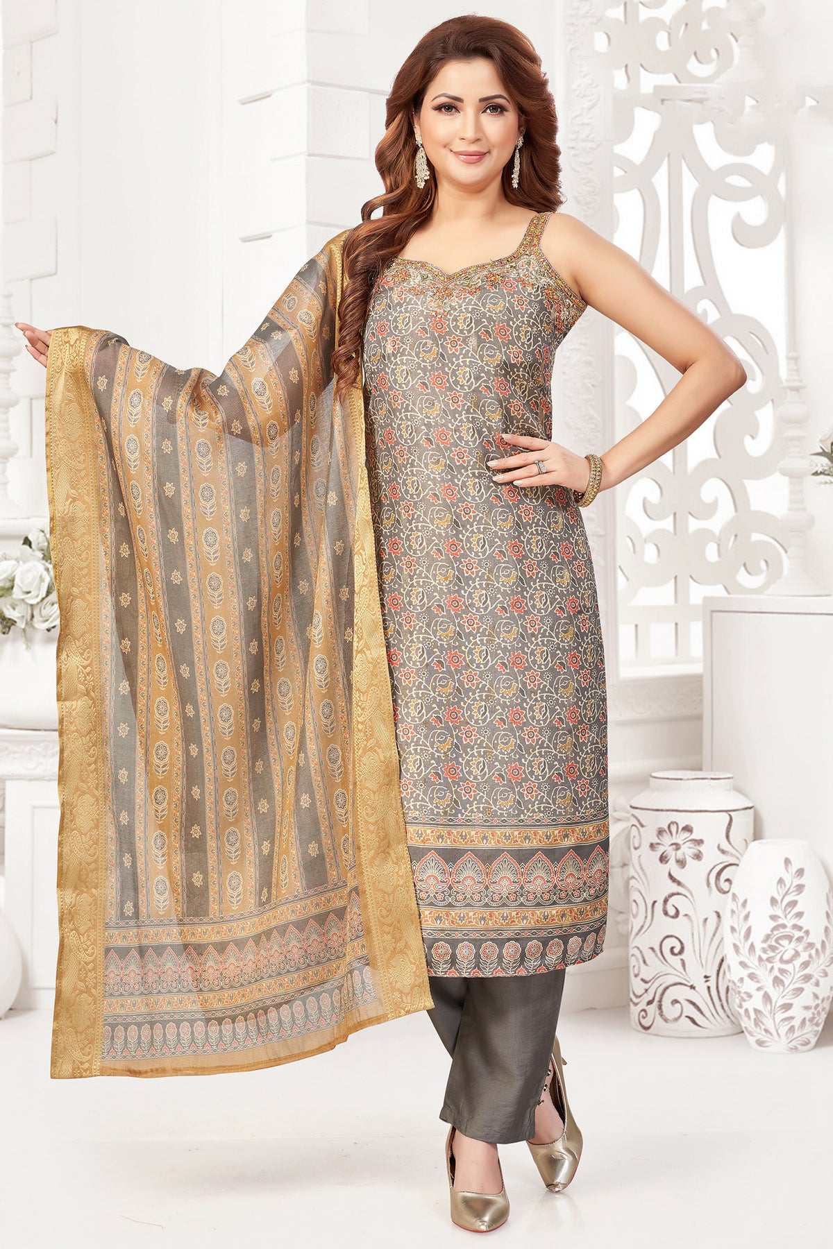 Grey Chanderi Cotton Printed Straight Cut Kurti Set