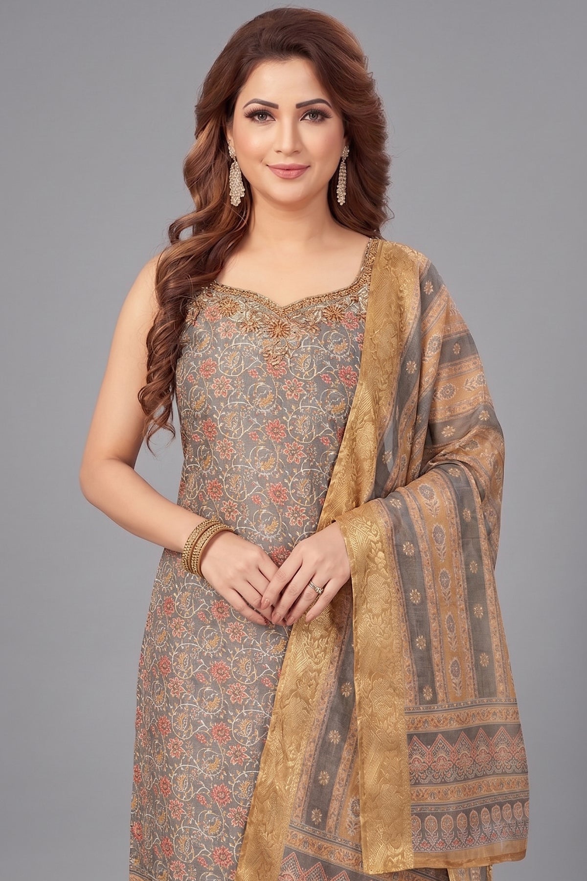 Grey Chanderi Cotton Printed Straight Cut Kurti Set