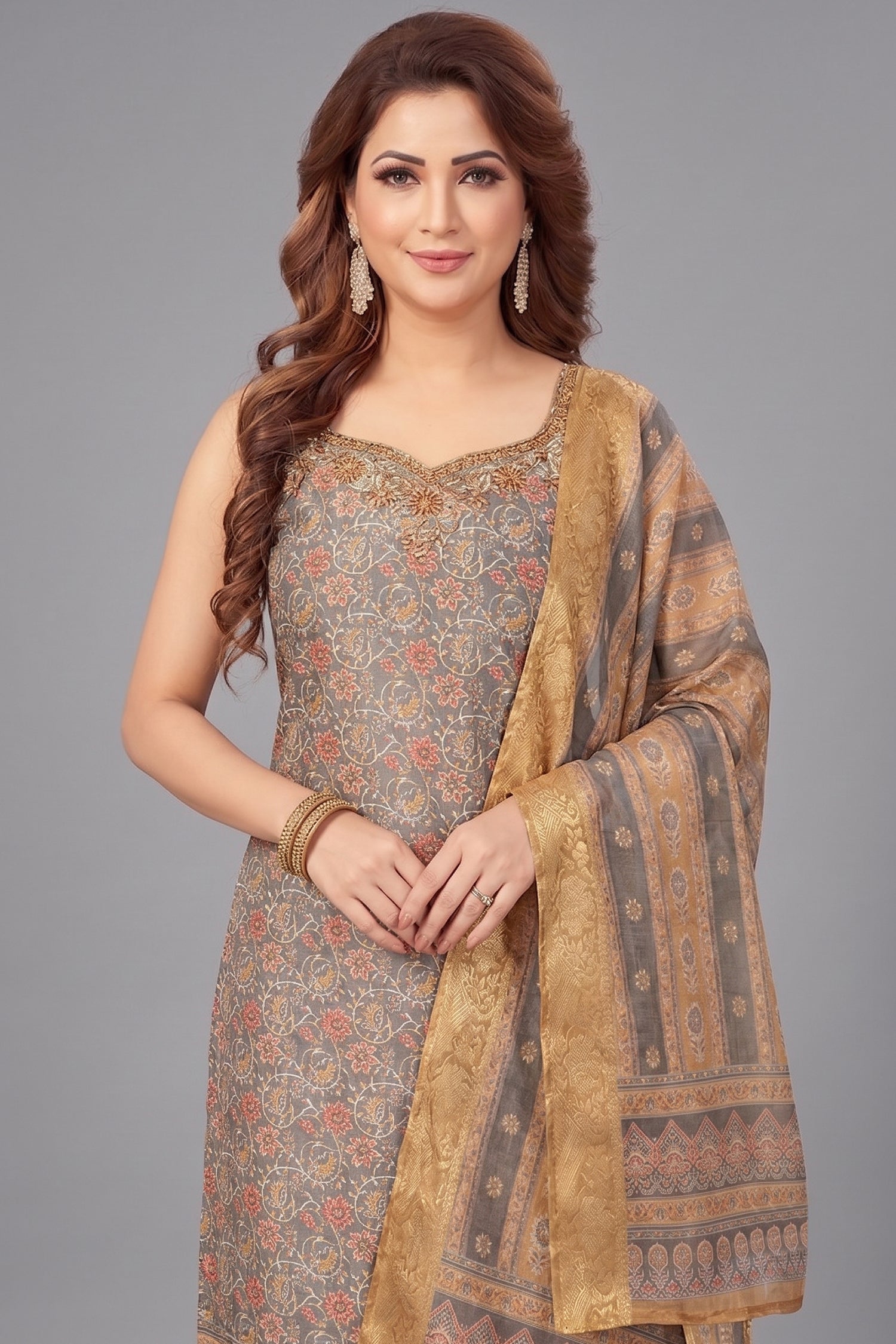 Grey Chanderi Cotton Printed Straight Cut Kurti Set