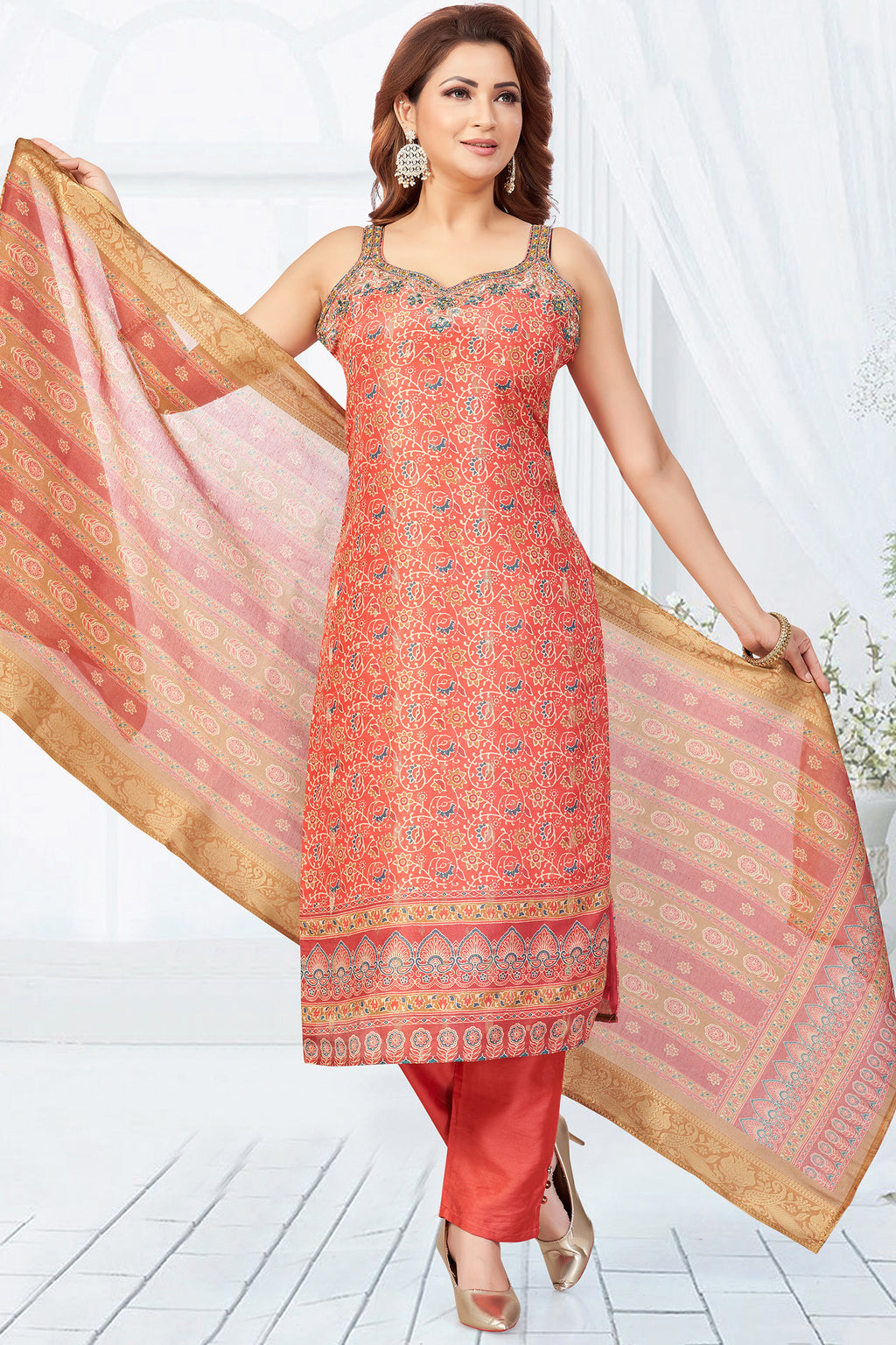 Orange Chanderi Printed Straight Cut Kurti Set