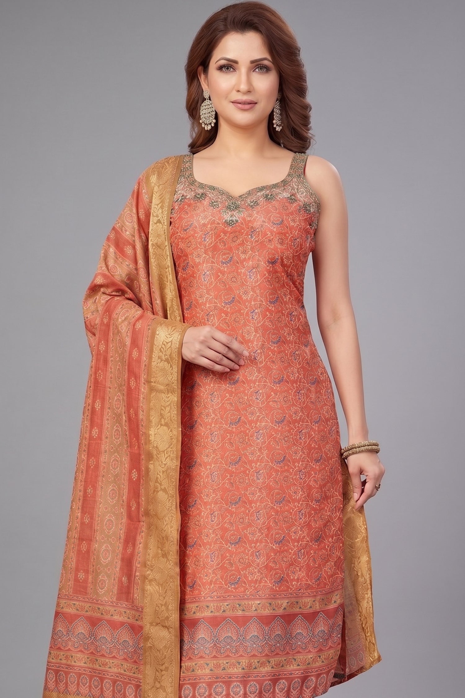 Orange Chanderi Printed Straight Cut Kurti Set Secondary image