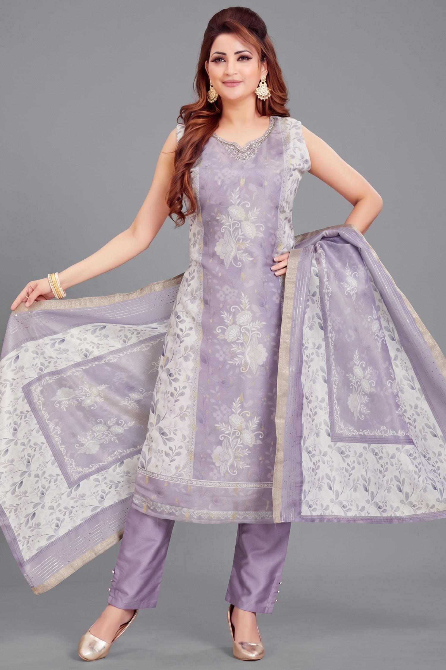 Lavender Chanderi Cotton Floral Printed Straight Cut Kurti Set Main image