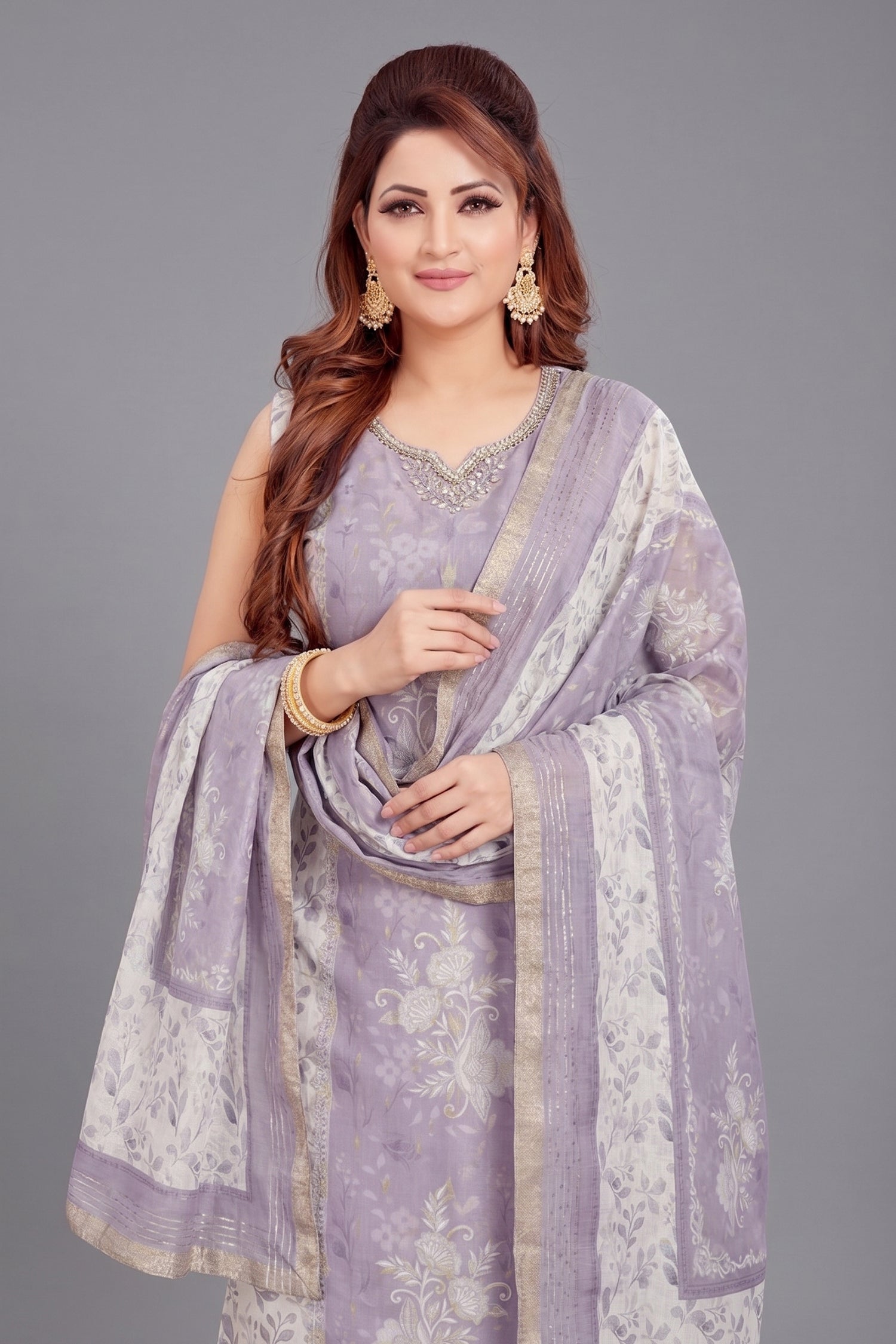 Lavender Chanderi Cotton Floral Printed Straight Cut Kurti Set Secondary image
