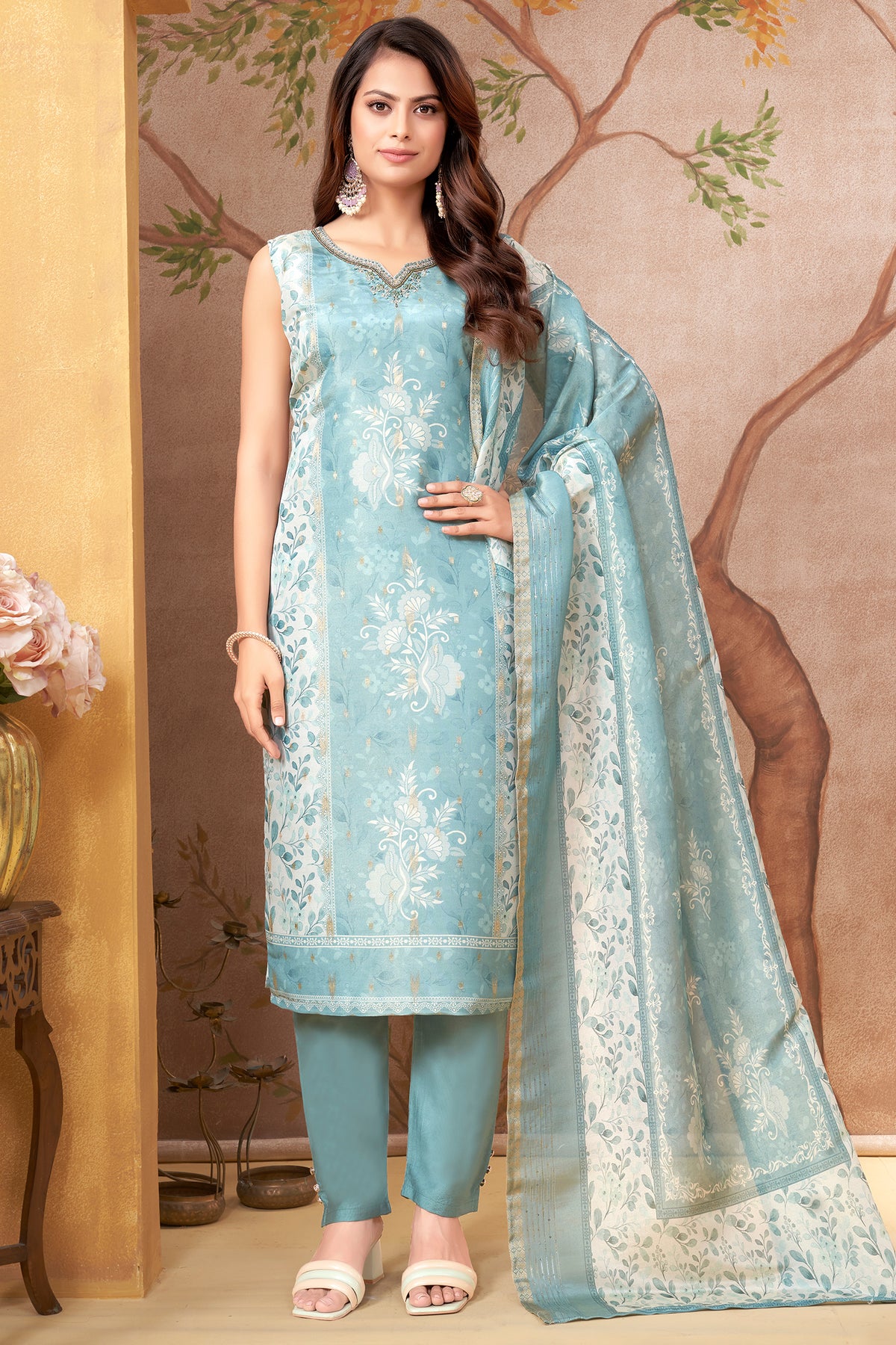 Light Blue Chanderi Cotton Floral Printed Straight Cut Kurti Set