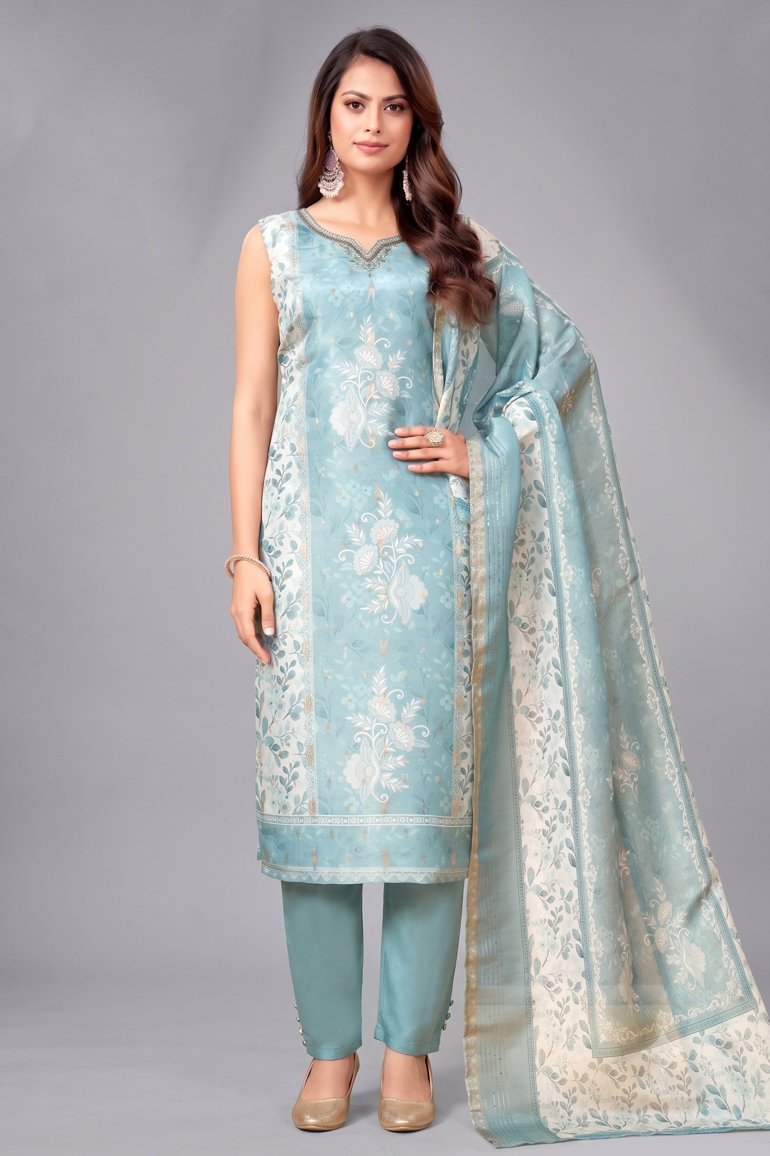 Light Blue Chanderi Cotton Floral Printed Straight Cut Kurti Set Main image