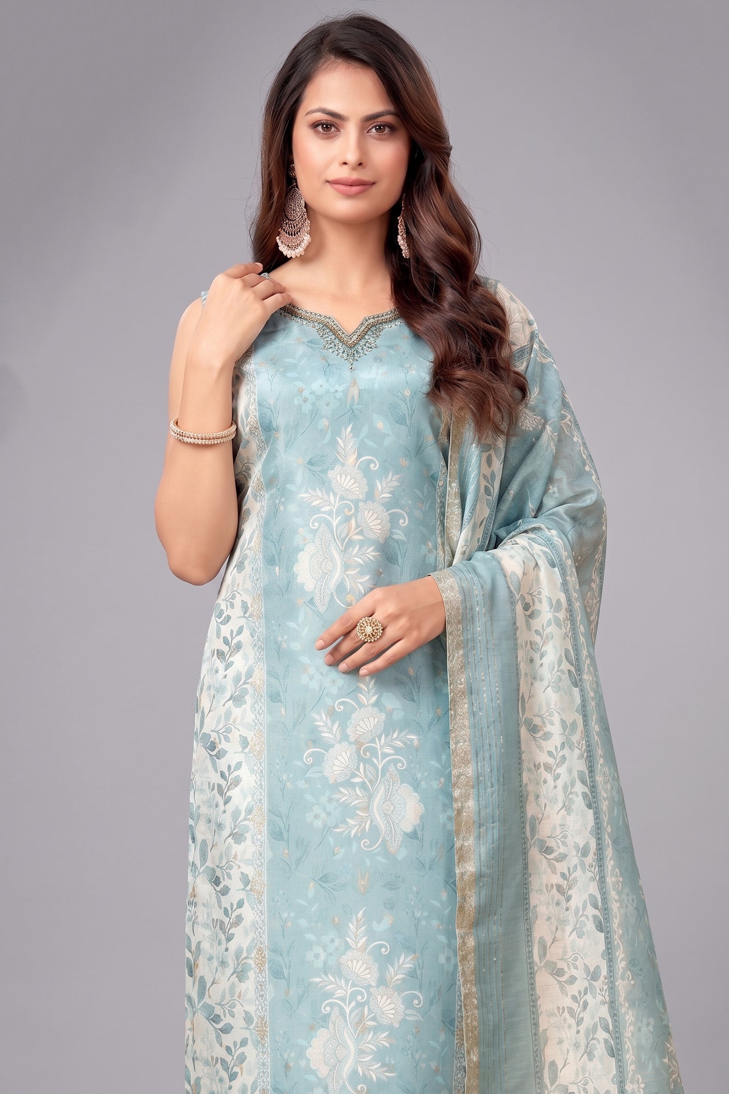 Light Blue Chanderi Cotton Floral Printed Straight Cut Kurti Set Secondary image