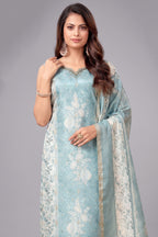 Light Blue Chanderi Cotton Floral Printed Straight Cut Kurti Set