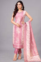 Pink Chanderi Cotton Floral Printed Straight Cut Kurti Set
