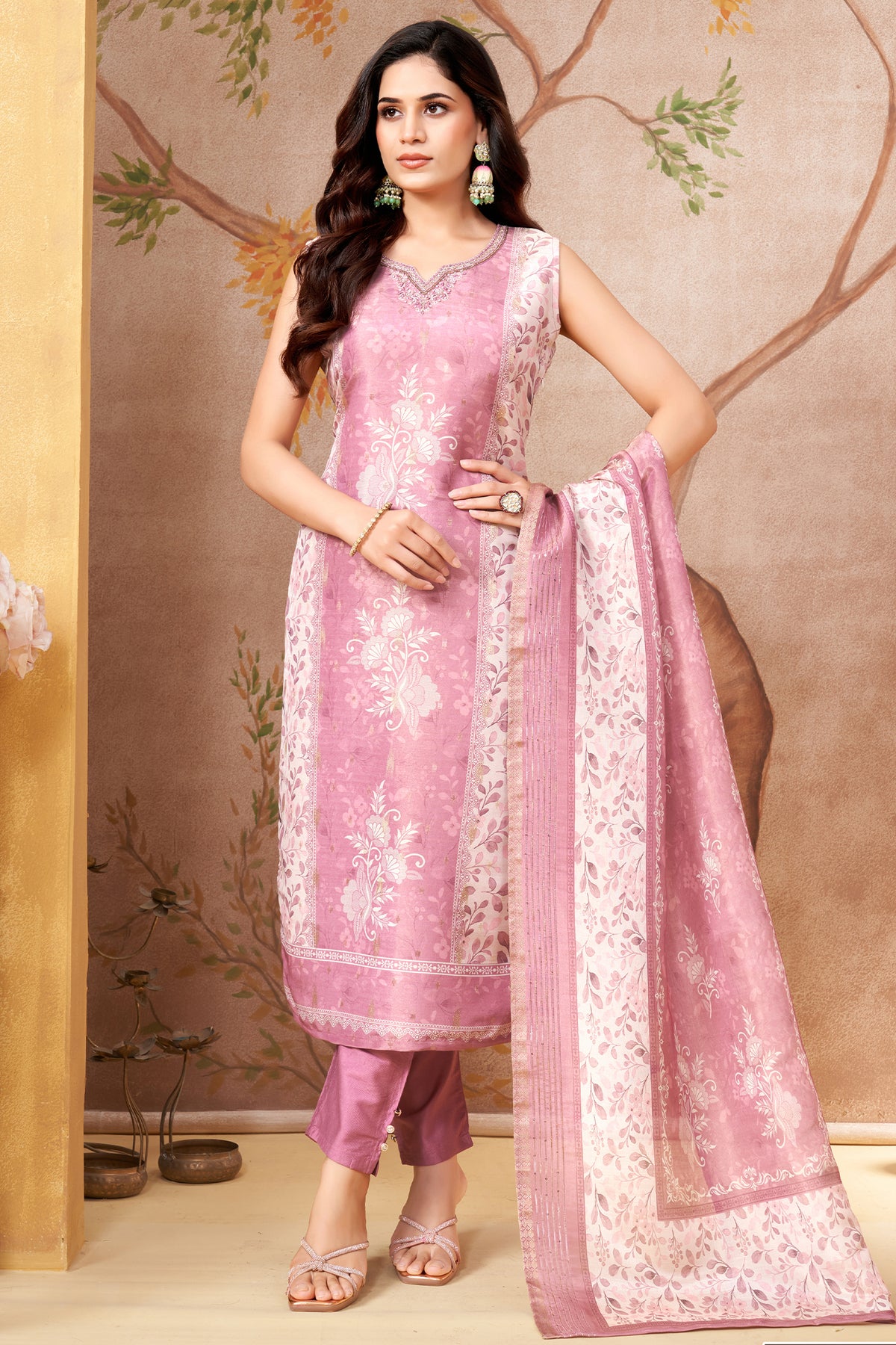 Pink Chanderi Cotton Floral Printed Straight Cut Kurti Set