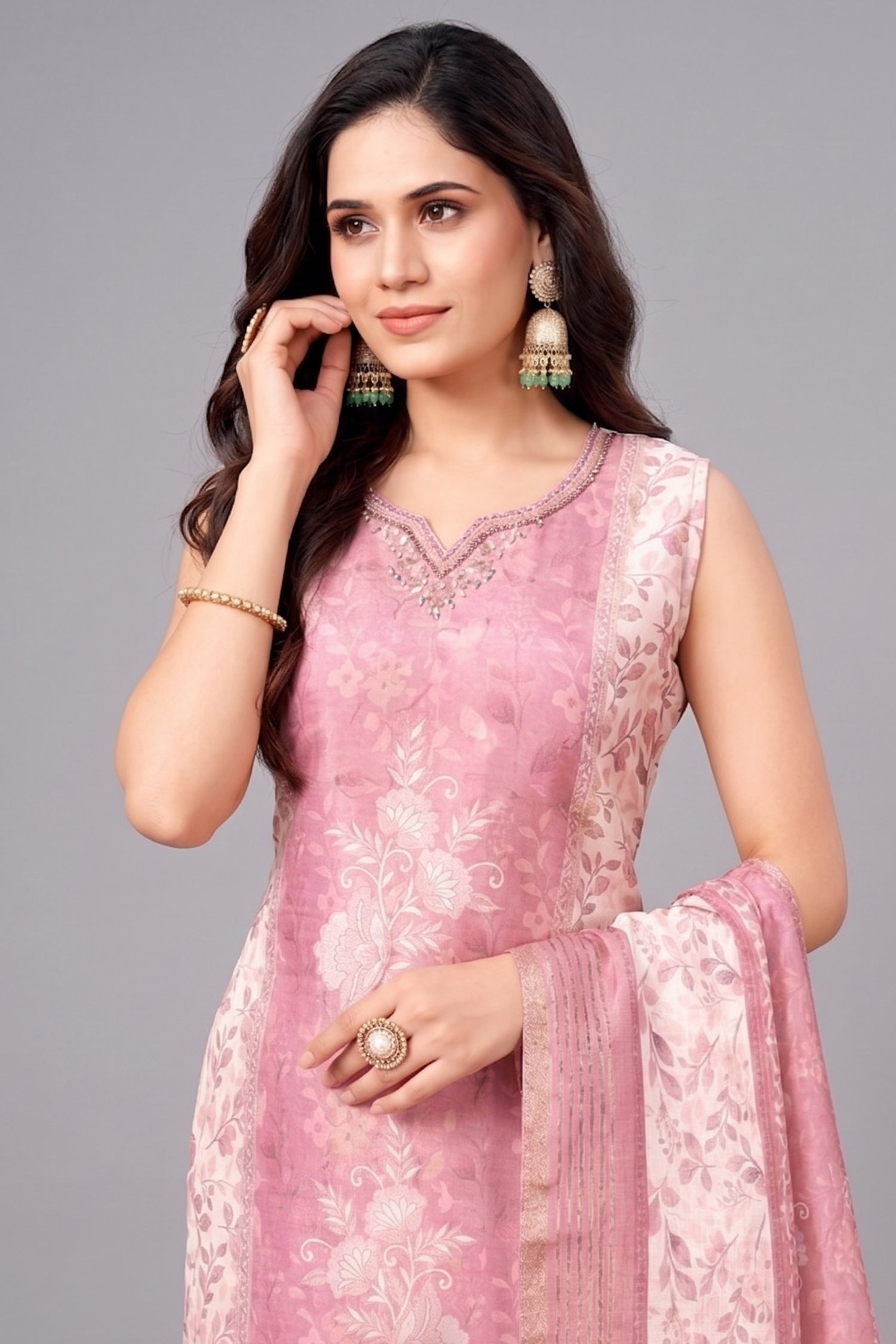 Pink Chanderi Cotton Floral Printed Straight Cut Kurti Set Secondary image