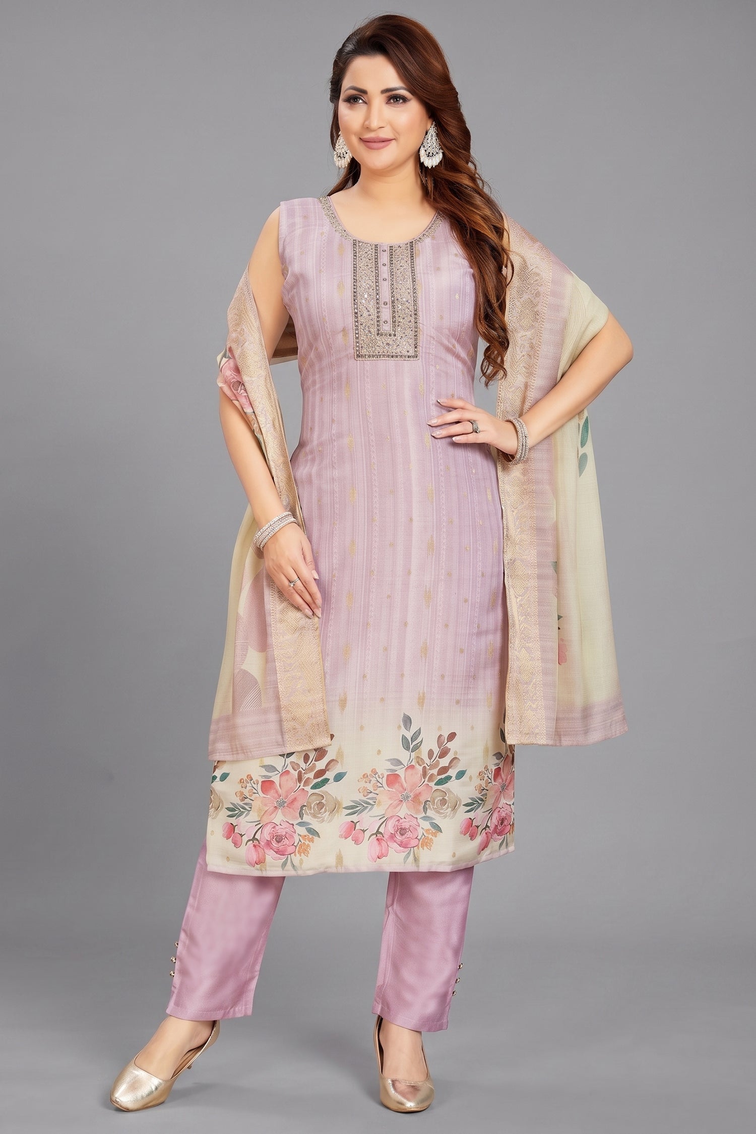 Lilac Art Silk Straight Cut Kurti Set Main image
