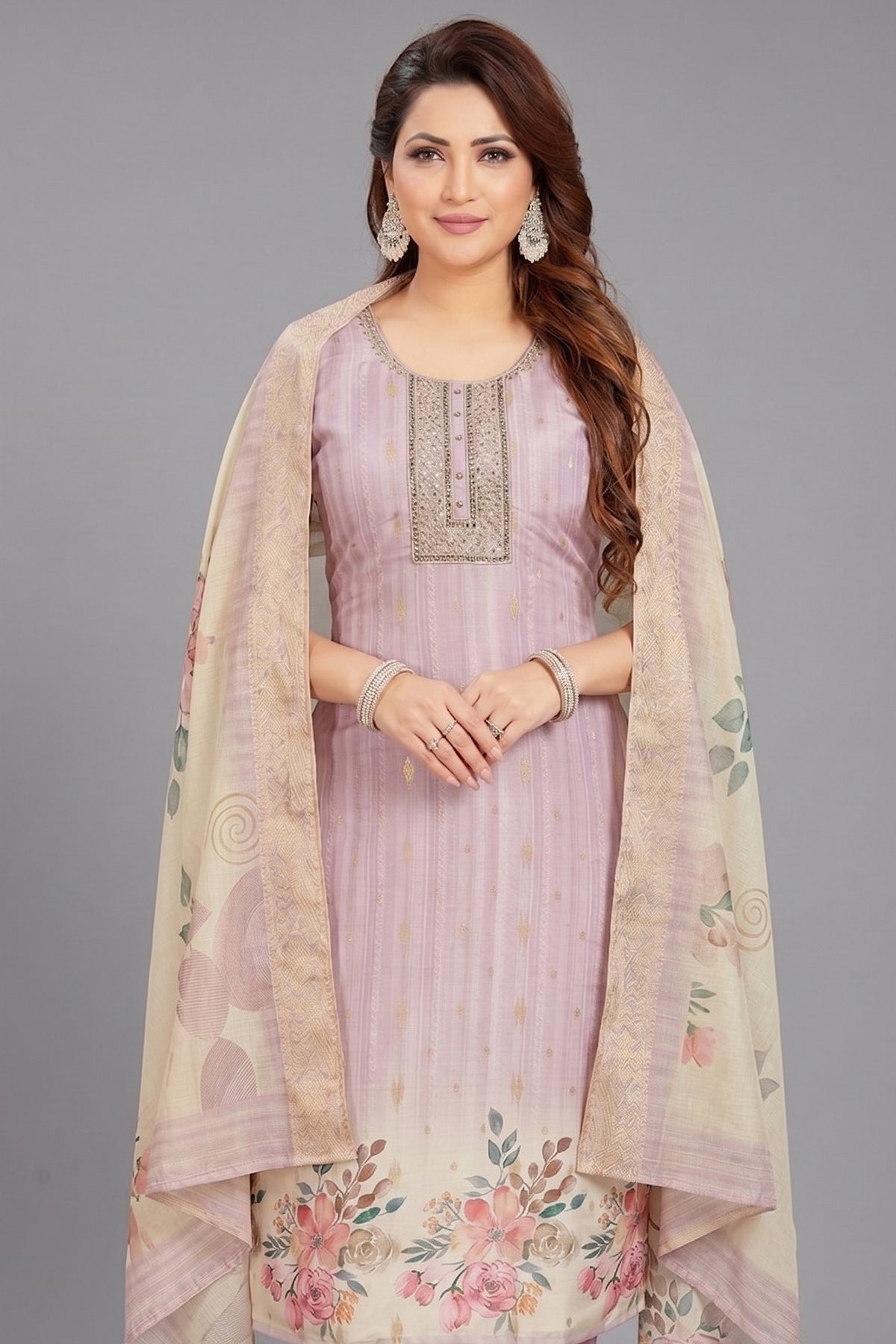 Lilac Art Silk Straight Cut Kurti Set