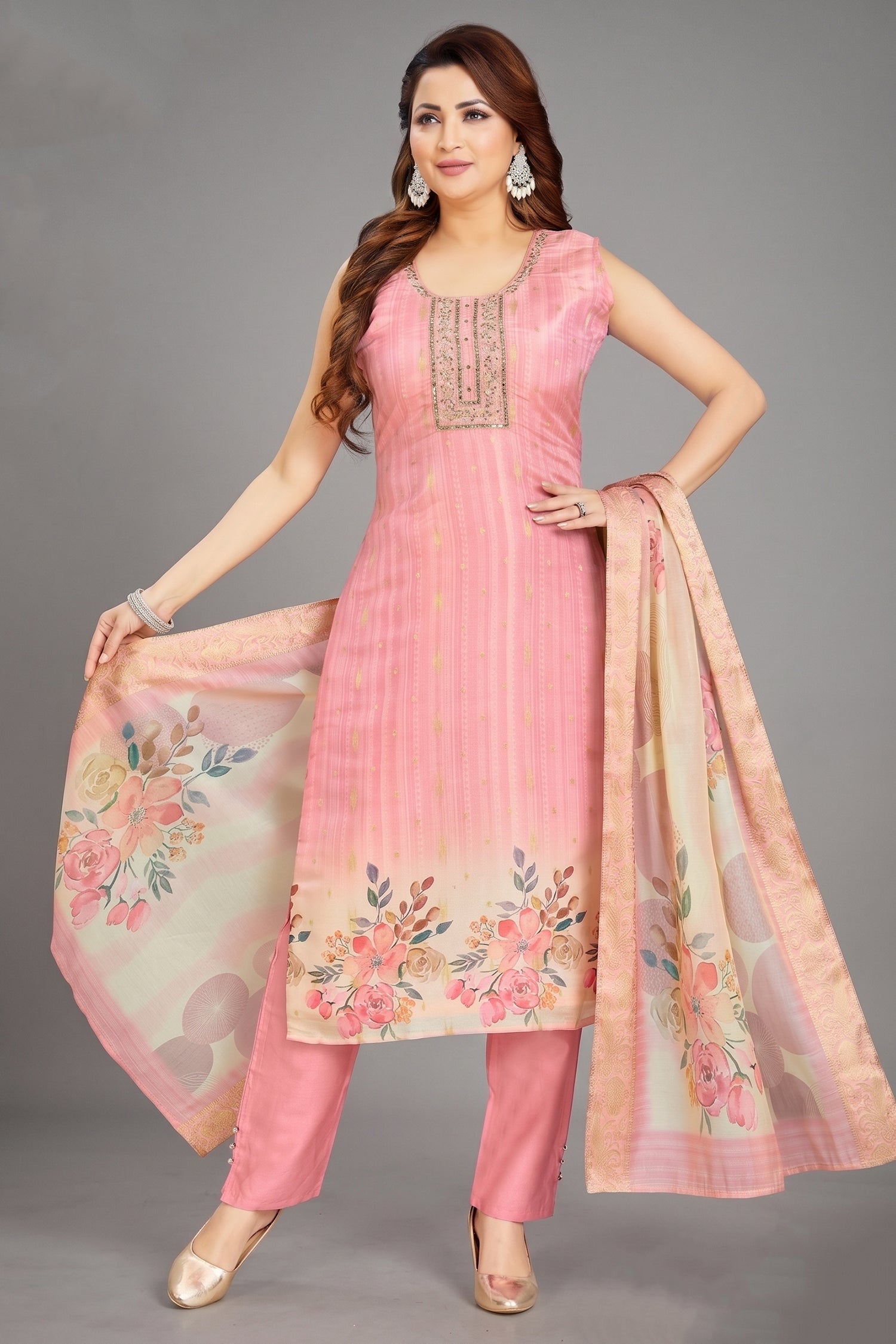 Pink Art Silk Straight Cut Kurti Set Main image