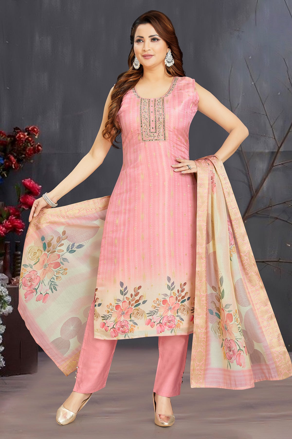 Pink Art Silk Straight Cut Kurti Set