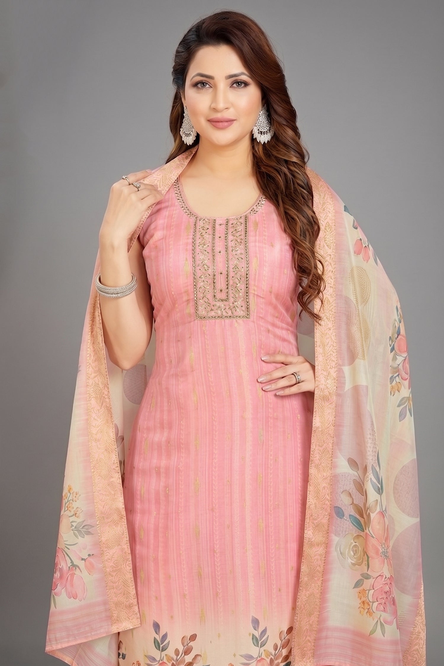 Pink Art Silk Straight Cut Kurti Set Secondary image