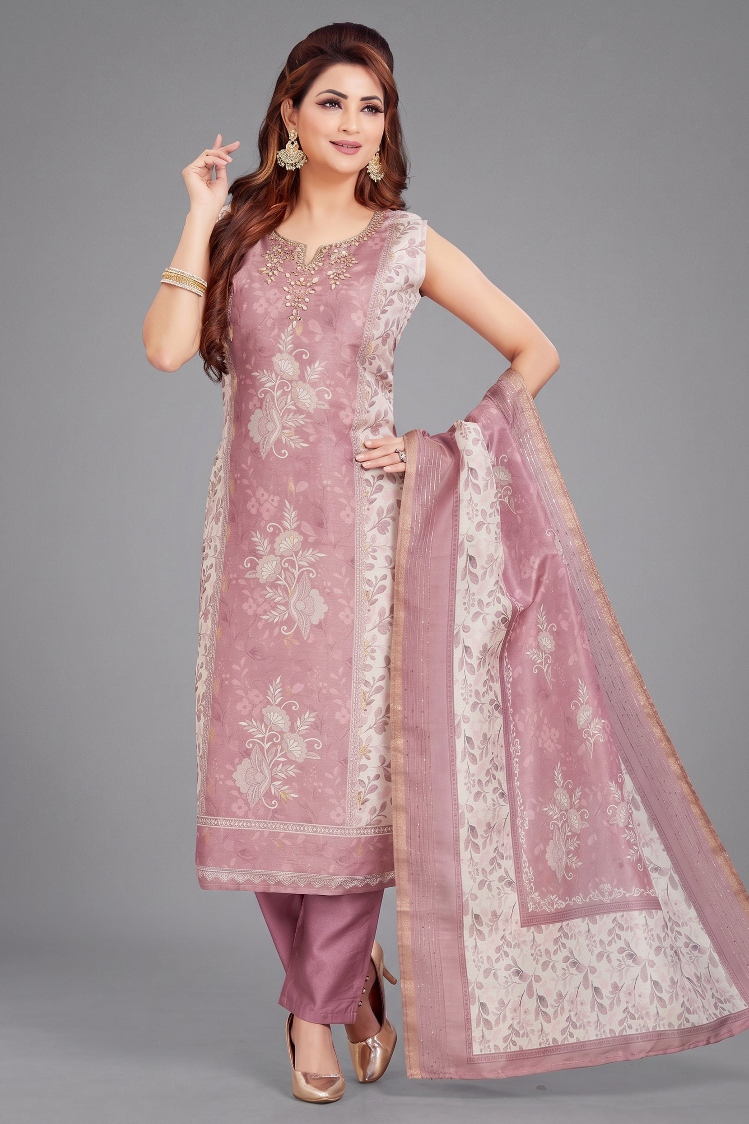 Dusty Pink Chanderi Cotton Floral Printed Straight Cut Kurti Set Main image