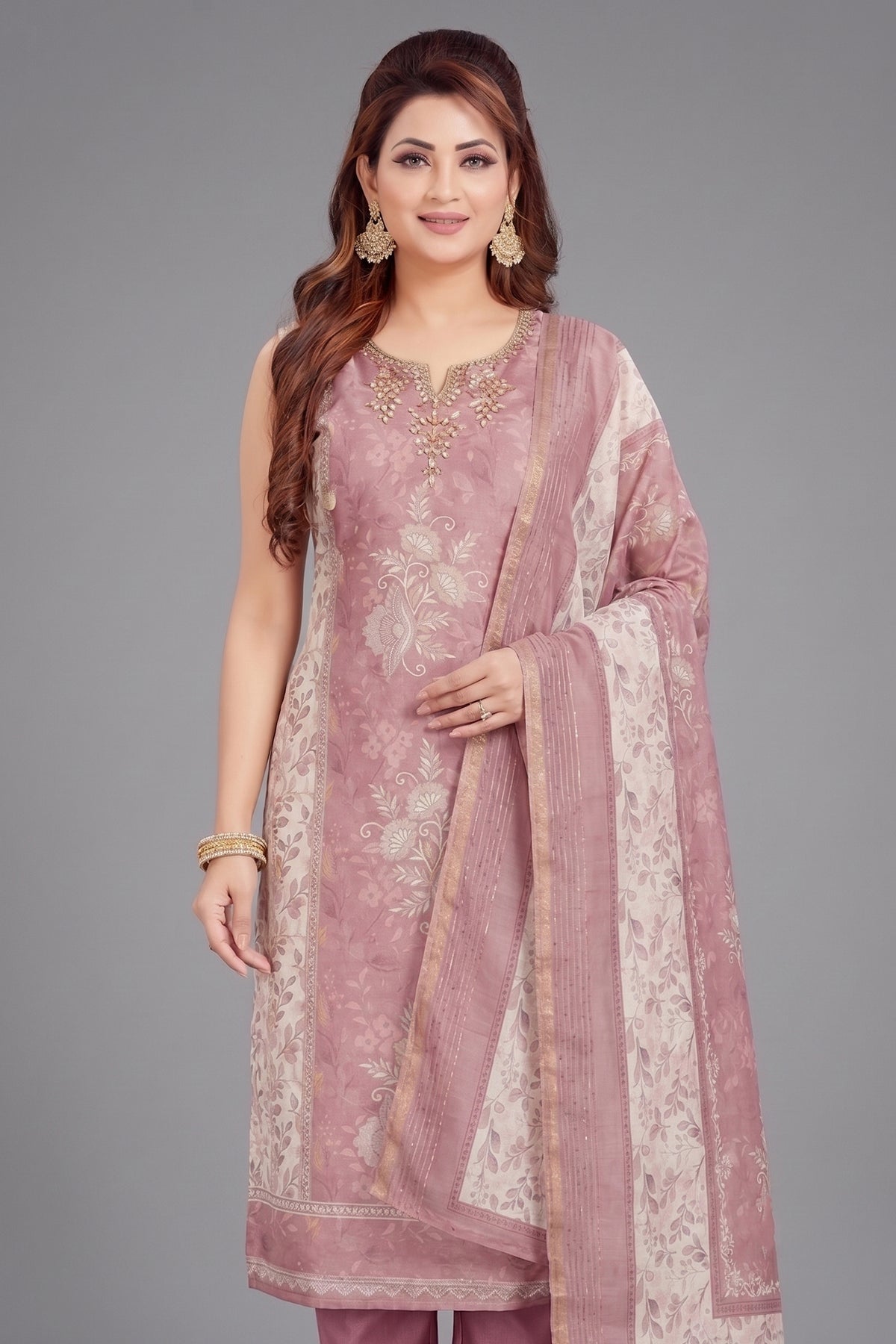 Dusty Pink Chanderi Cotton Floral Printed Straight Cut Kurti Set
