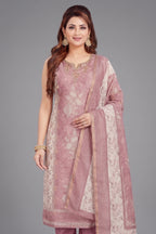 Dusty Pink Chanderi Cotton Floral Printed Straight Cut Kurti Set