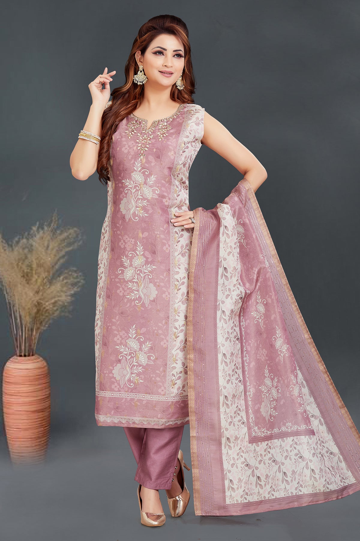 Dusty Pink Chanderi Cotton Floral Printed Straight Cut Kurti Set