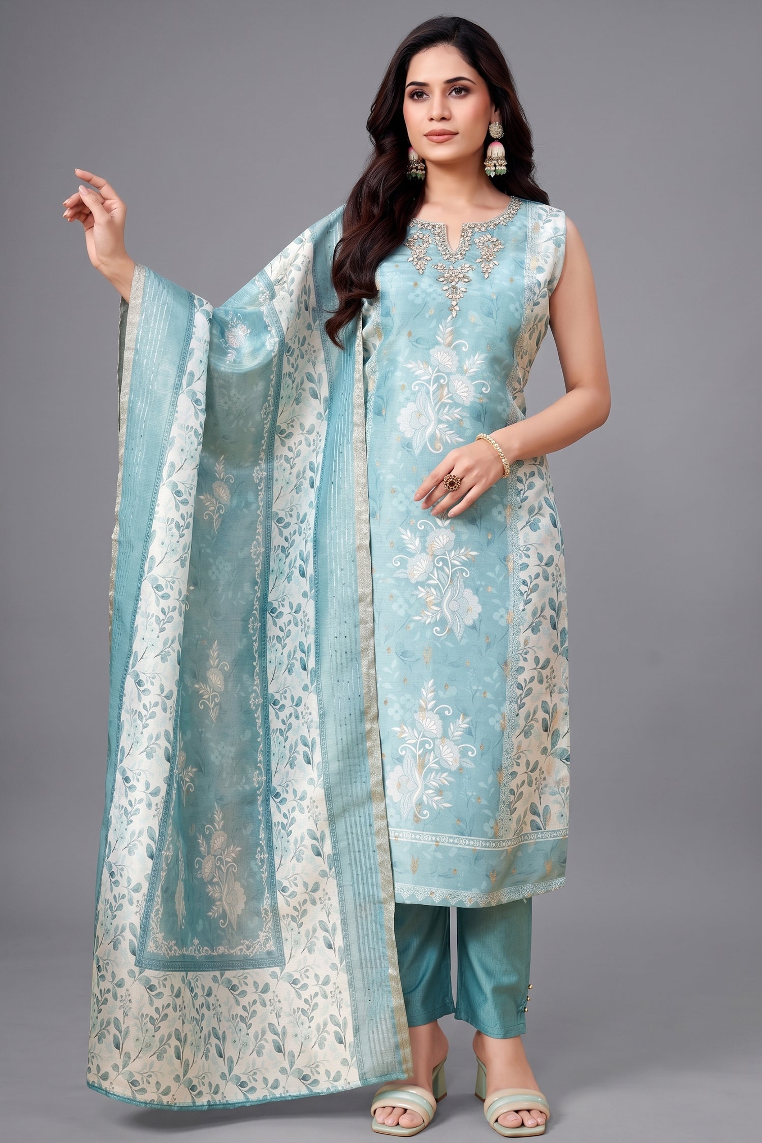 Sea Green Chanderi Cotton Floral Printed Straight Cut Kurti Set Main image