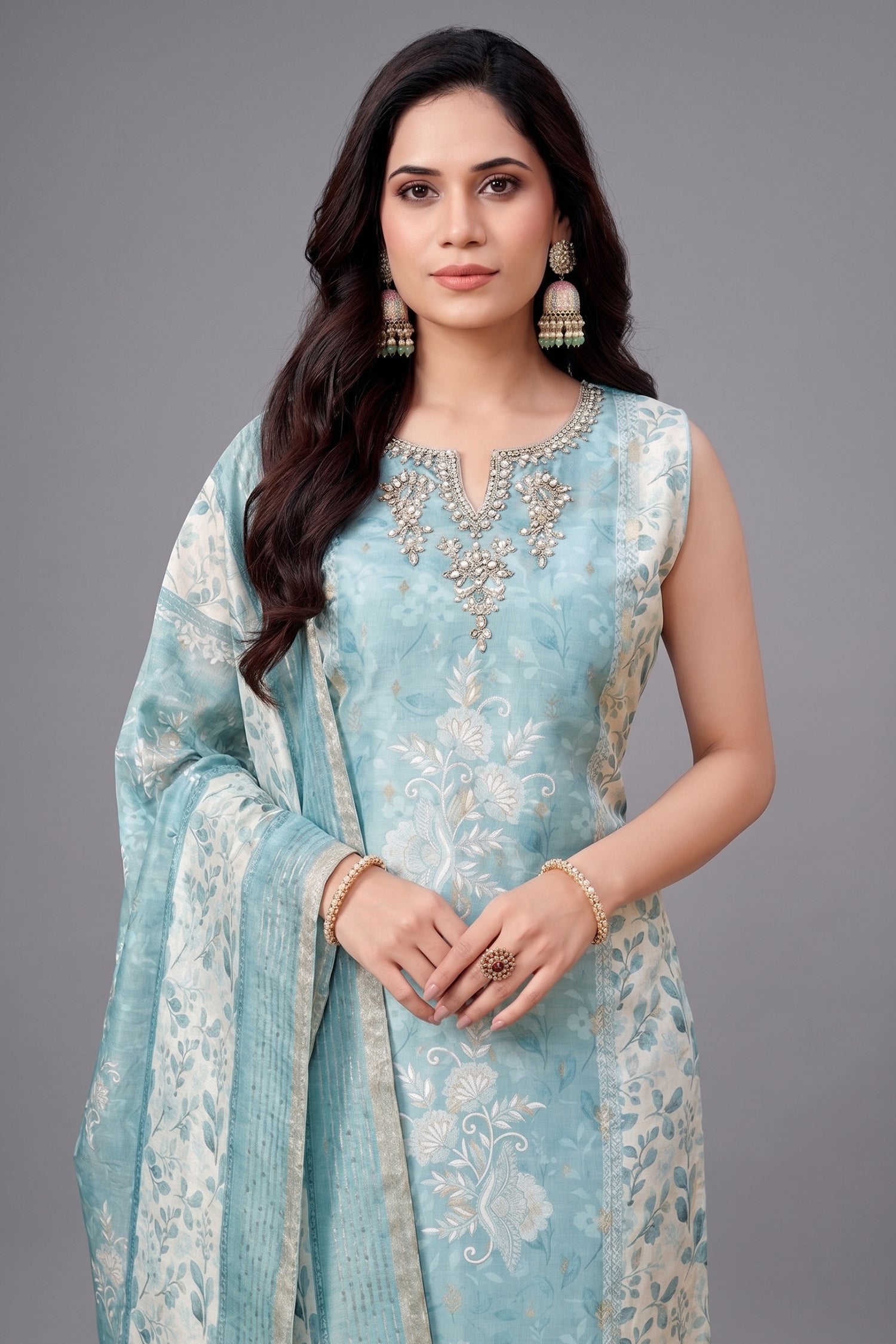 Sea Green Chanderi Cotton Floral Printed Straight Cut Kurti Set Secondary image