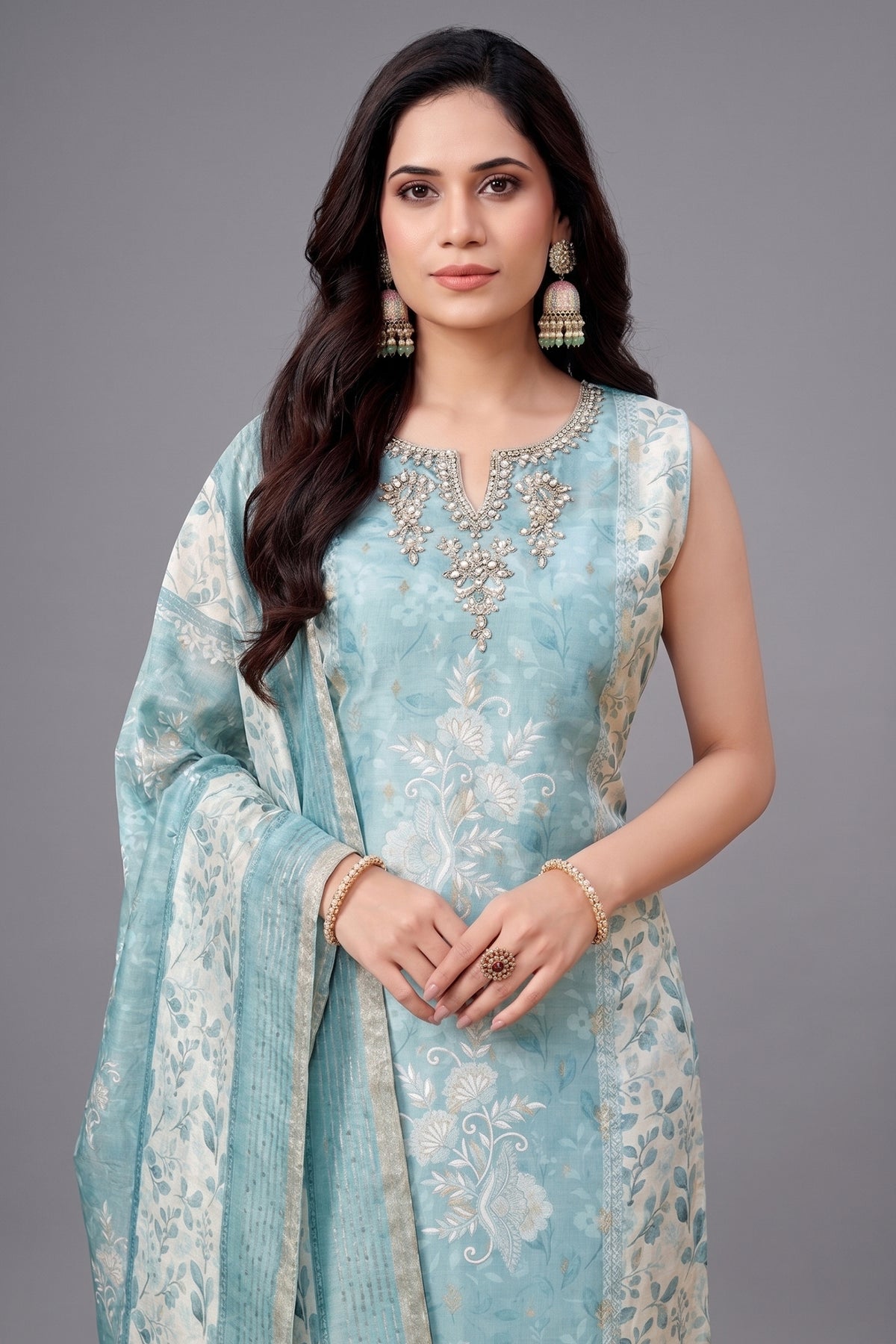 Sea Green Chanderi Cotton Floral Printed Straight Cut Kurti Set