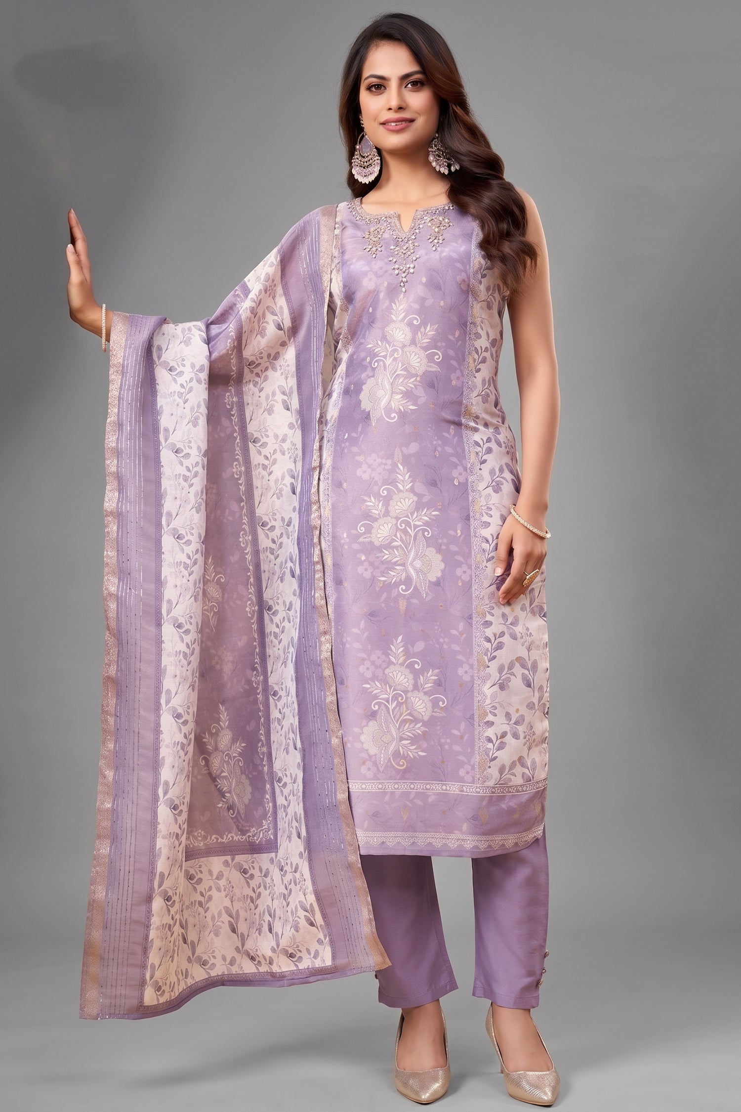 Lilac Chanderi Cotton Floral Printed Straight Cut Kurti Set Main image
