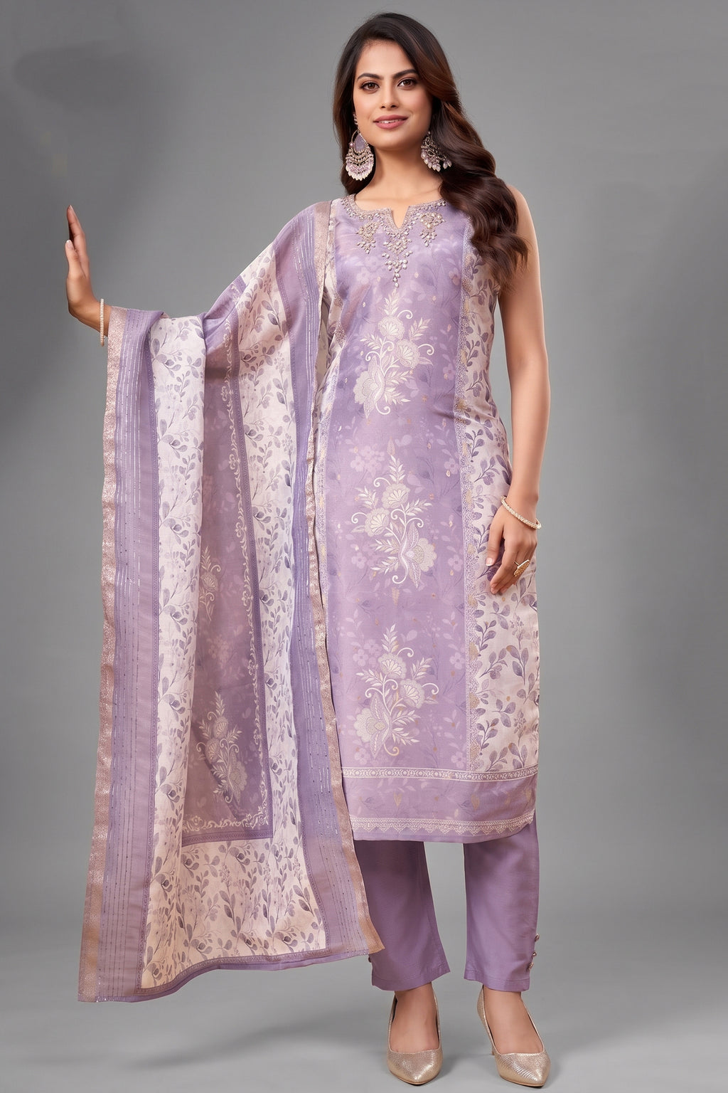 Lilac Chanderi Cotton Floral Printed Straight Cut Kurti Set