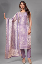 Lilac Chanderi Cotton Floral Printed Straight Cut Kurti Set