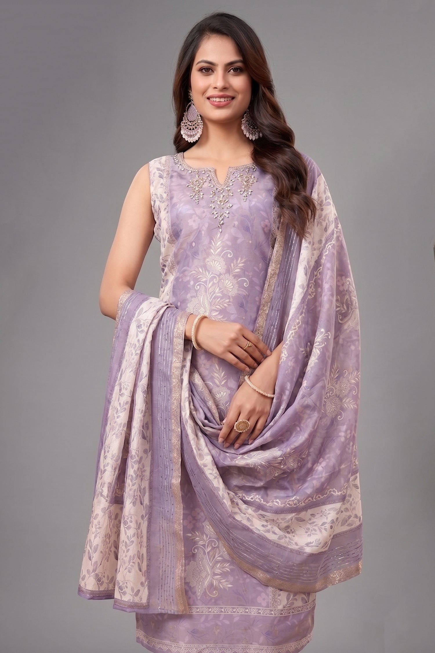 Lilac Chanderi Cotton Floral Printed Straight Cut Kurti Set Secondary image