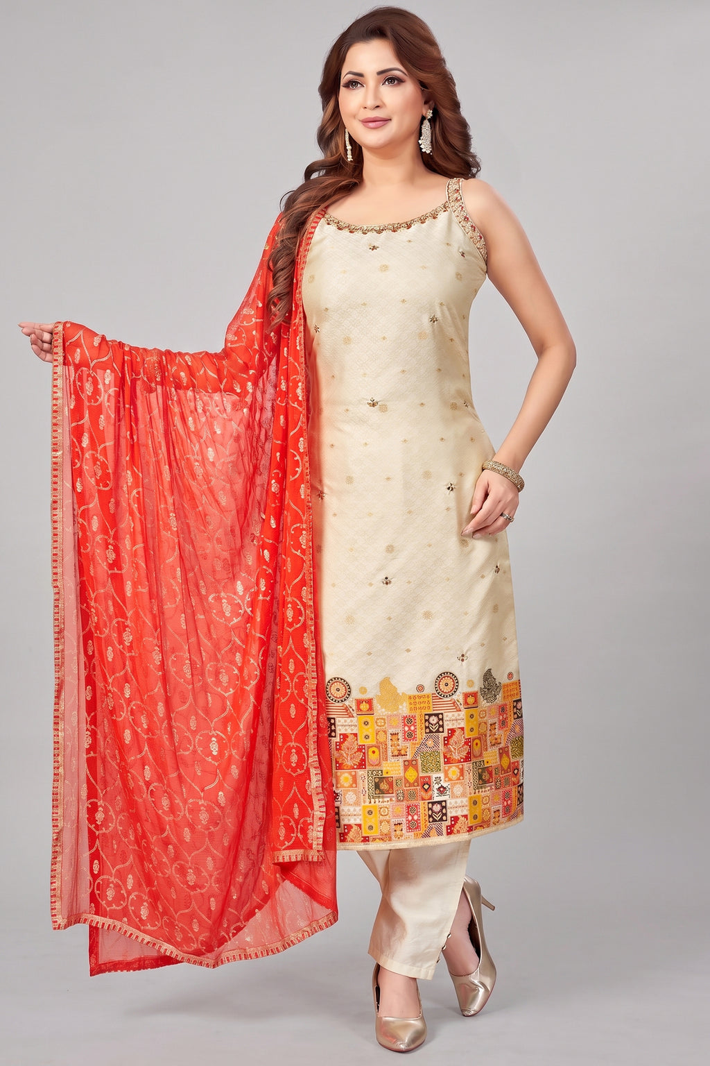 Cream Art Silk Woven Straight Cut Kurti Set