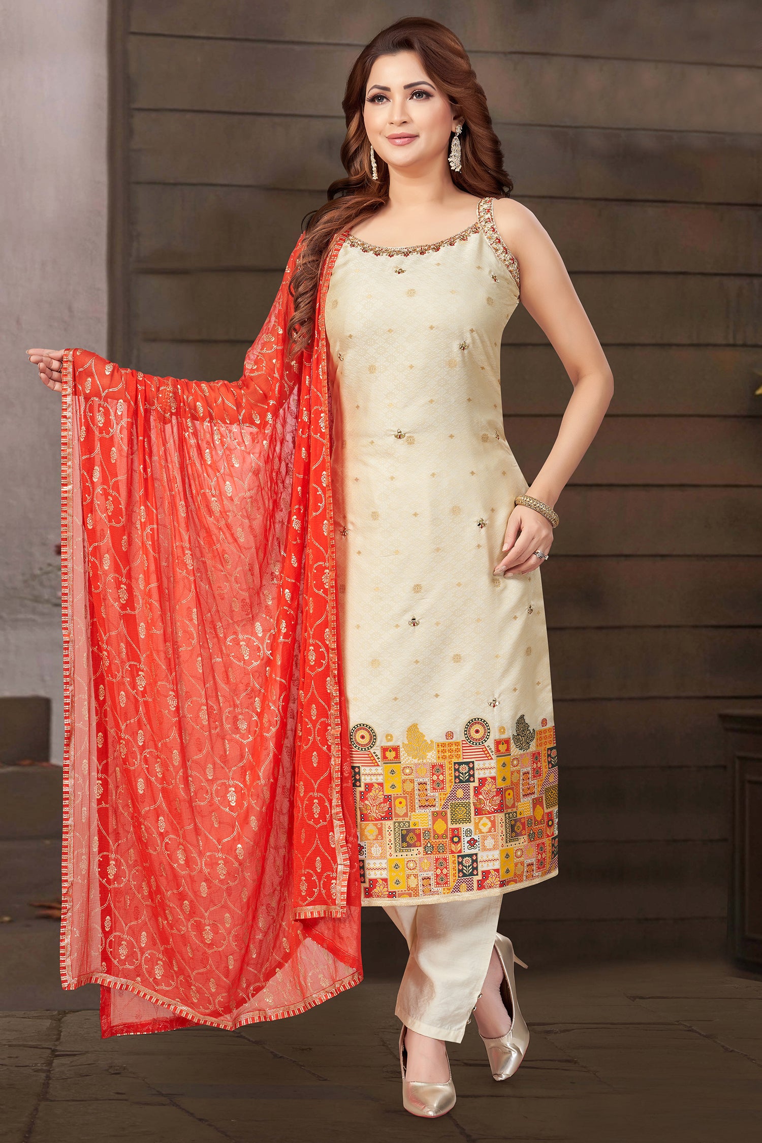 Cream Art Silk Woven Straight Cut Kurti Set