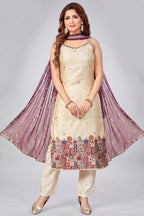 Cream Art Silk Woven Straight Cut Kurti Set