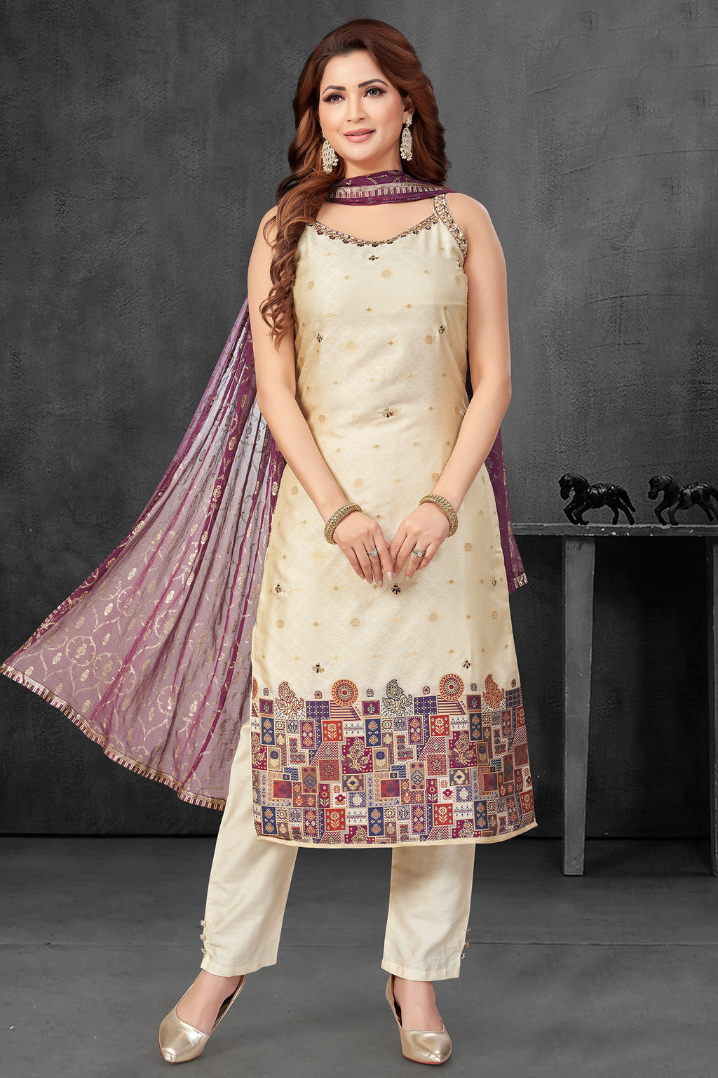 Cream Art Silk Woven Straight Cut Kurti Set
